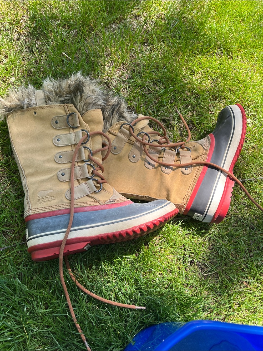 Sorel Women's Tan and Red Waterproof Winter Boot with Faux Fur Collar